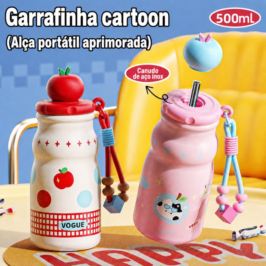 Eletromex Copo Térmico 500ml Cartoon Canudo Inox Infusor Chá Alça Silicone Portátil Quente e Frio