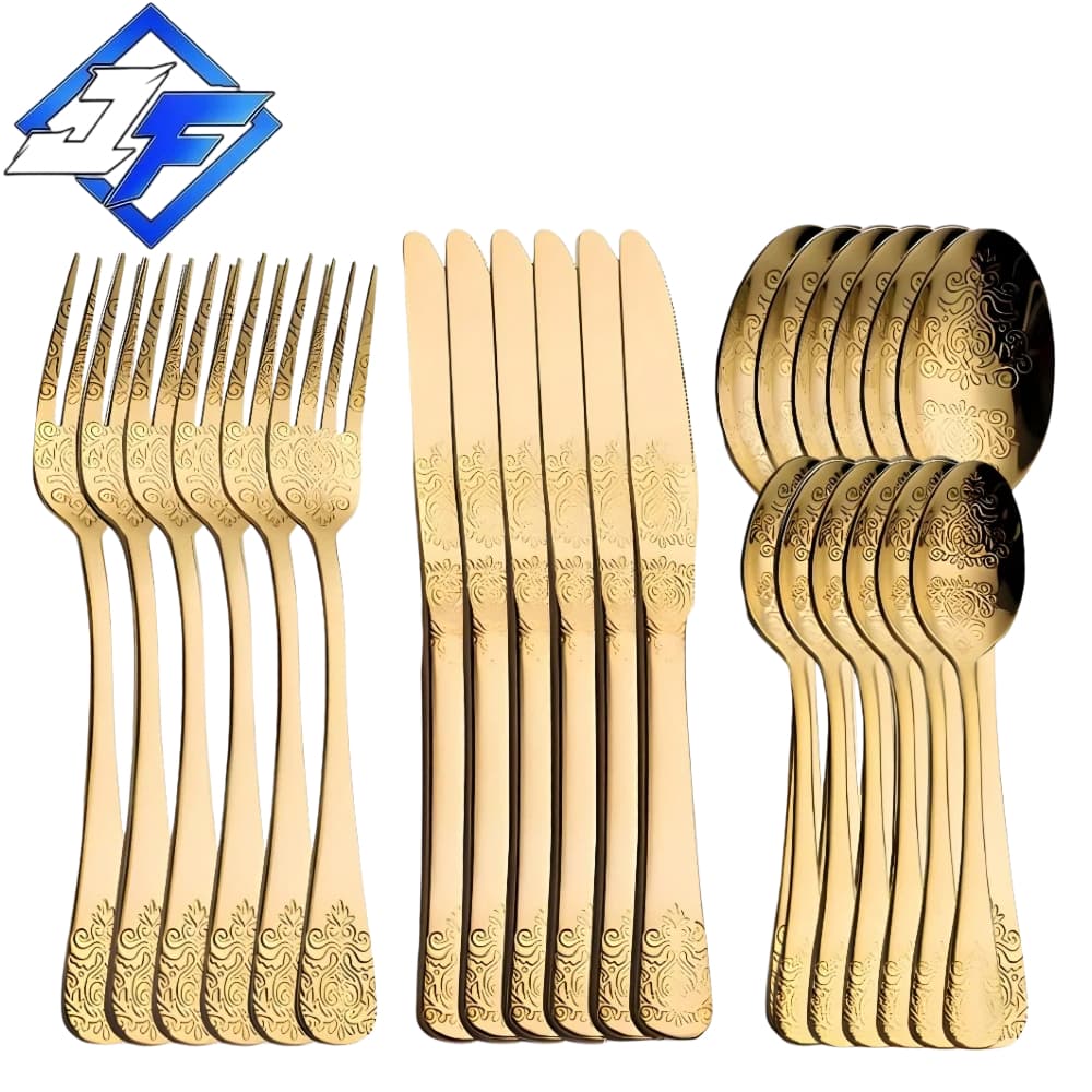 Conjunto de Talheres Dourado Luxo 24 Peças Aço Inox Premium Mesa Posta Desenhado