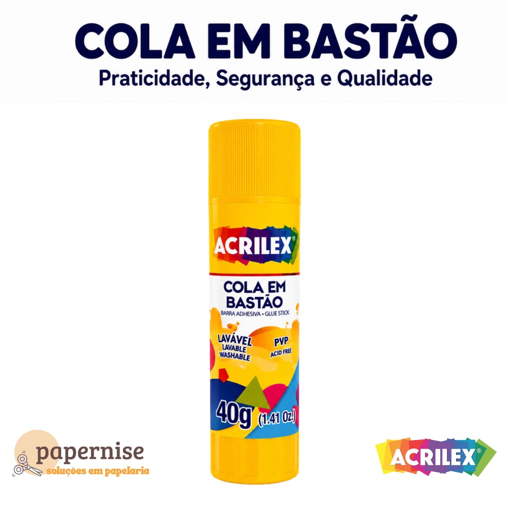 Cola em Bastão Acrilex 40 g Lavável Aderência Excelente Aplicação Escola Escritório
