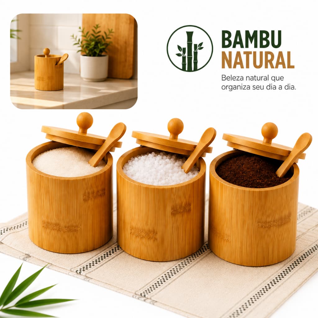 Saleiro Açucareiro Pote Para Café Em Bambu Sustentável Com Colher E Tampa 220ml