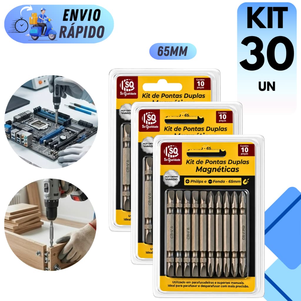 KIT PONTEIRAS DE PARAFUSADEIRA MAGNÉTICAS PHILIPS E FENDA BITS 65mm COM PONTA DUPLA