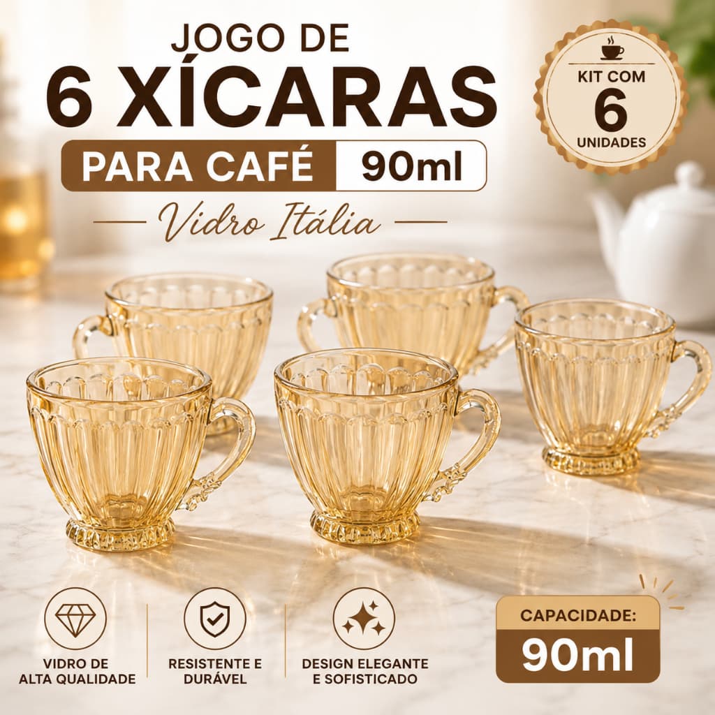 Jogo de 6 Xícaras para Café 90ml em Vidro Kit Café Espresso Itália