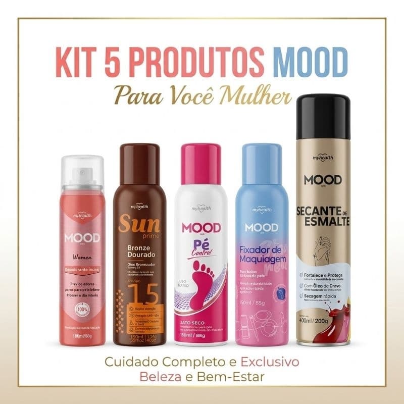 Kit Cuidado Feminino 5 Produto Mood Care Secante Esmalte| Fixador | Desodorante Íntimo| Desodorante Pé | Bronzeador