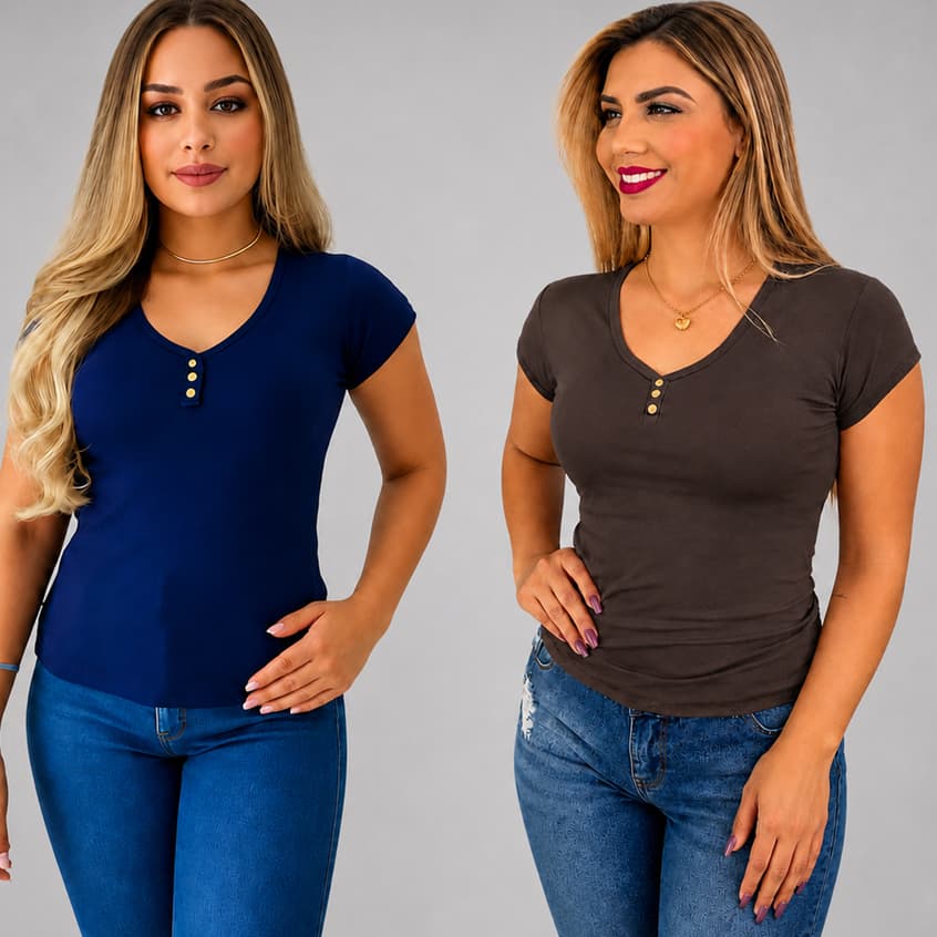 Kit 2 Blusas Femininas Gola V com 3 Botões Manga Curta Básica Casual