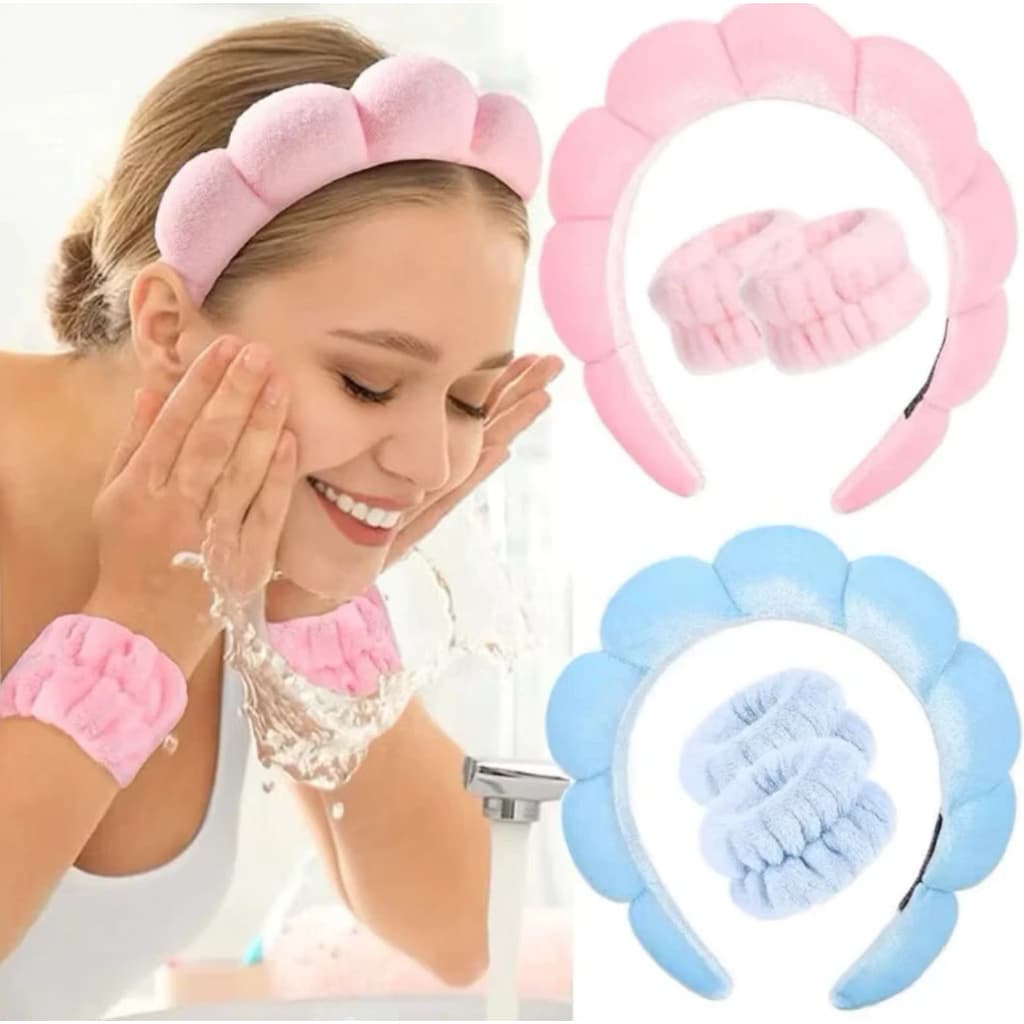 Kit Tiara Nuvem e Pulseira Atoalhada Skincare Maquiagem