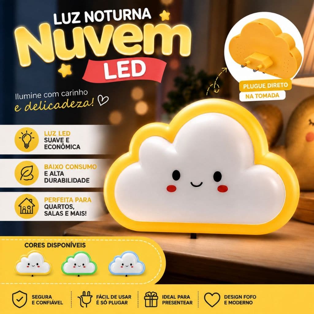 Luz Noturna LED Nuvem Abajur Infantil Luminária de Tomada Quarto Bebê Criança - Tomada para Quarto