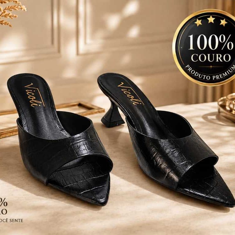 Sandalia Tamanco feminino mule salto taça estilosa bico fino COURO LEGITIMO MARMORIZADO corte laser casual