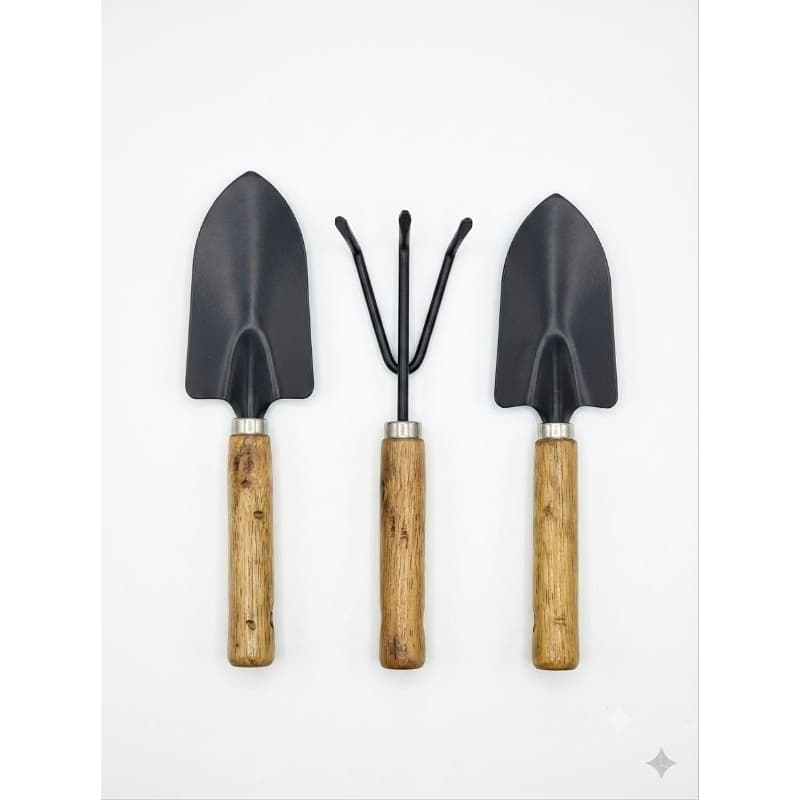 Kit Ferramentas Para Jardinagem 3 Peças Mini Pá E Rastelo Cabo De Madeira