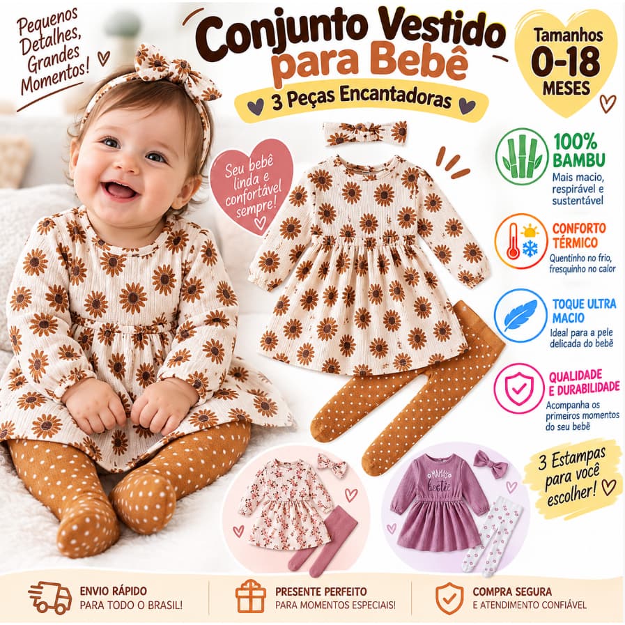 Conjunto Vestido Bebê Menina 3 Peças 100% Fibra de Bambu Manga Longa Meia-Calça Faixa Girassol 0 a 18 Meses