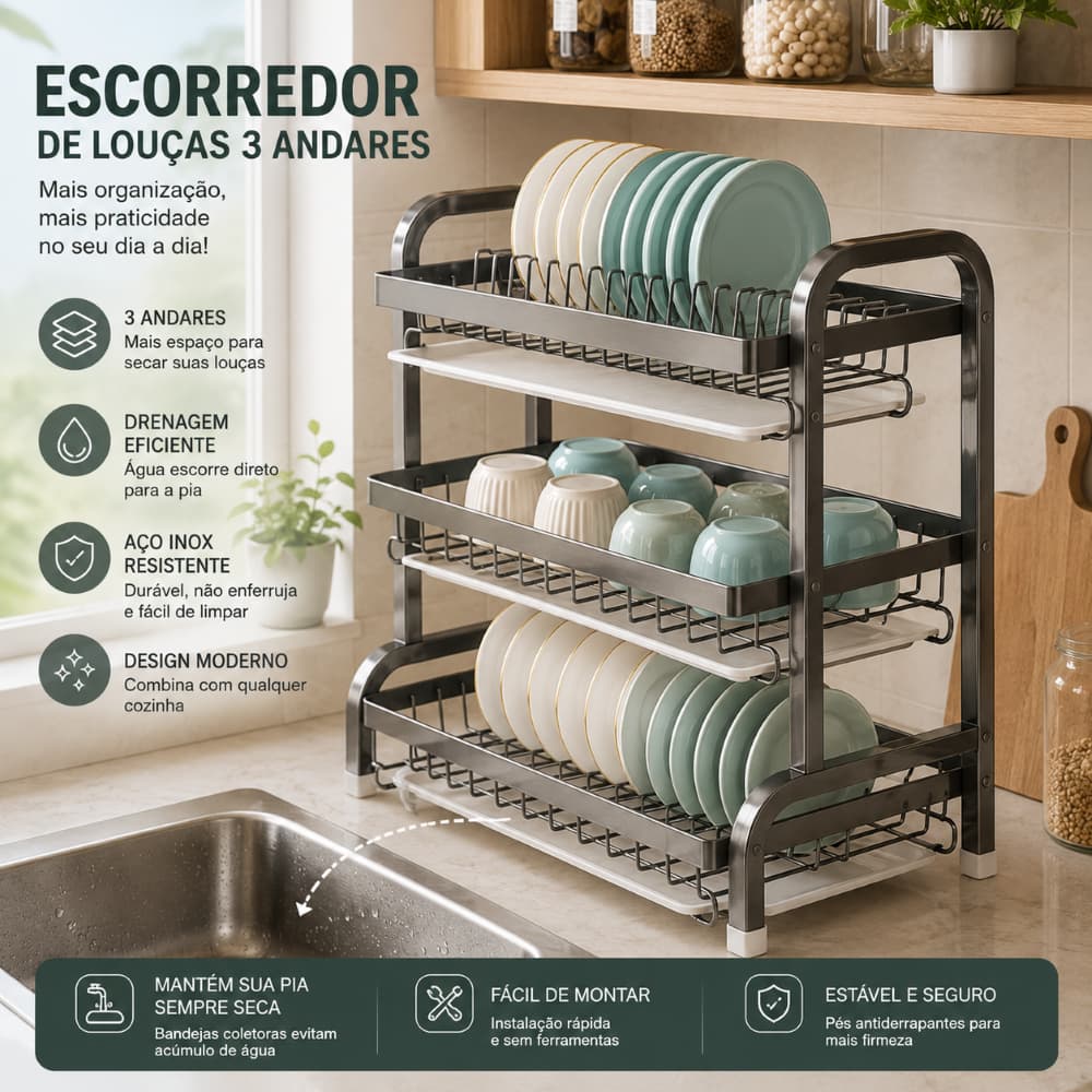 Escorredor de Louças 3 Andares em Aço Inox com Bandejas Removíveis, Suporte para Pratos, Copos e Talheres, Ganchos