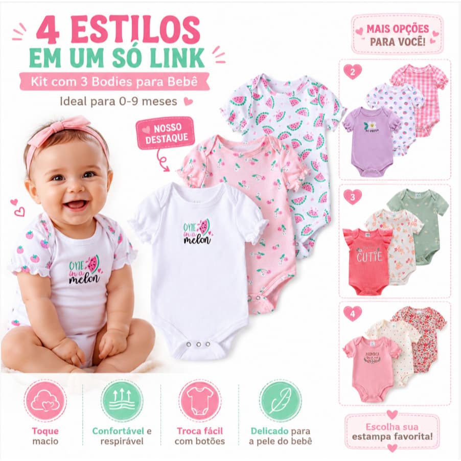 Kit 3 Body Bebê Frutas Tropical Payifang 100% Algodão Fresco 0-9 Meses Estampa Melancia Cereja Manga Bufante Conjunto Ro