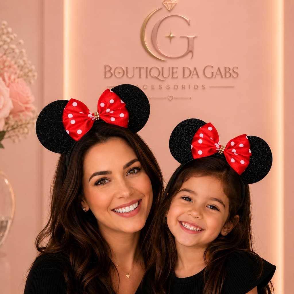 Kit 2 Tiaras Mãe e Filha Minnie Mouse com Orelhas e Laço Vermelho – Infantil e Adulto