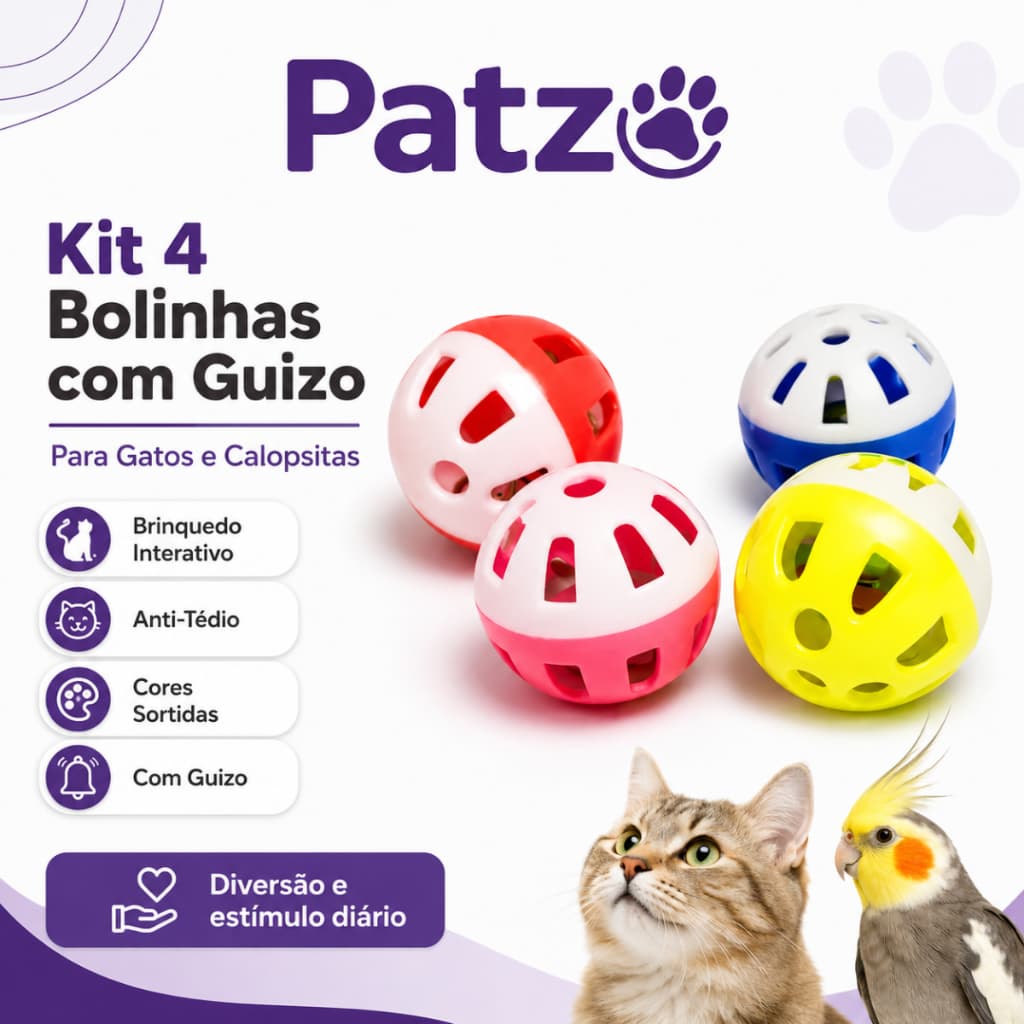 Kit 4 Bolinhas com Guizo para Gatos e Calopsitas | Brinquedo Interativo Anti-Tédio