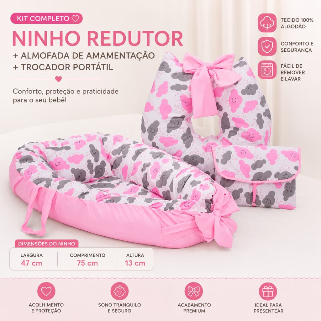 Kit Ninho + Almofada Amamentação + Trocador de Fraldas Várias Estampas