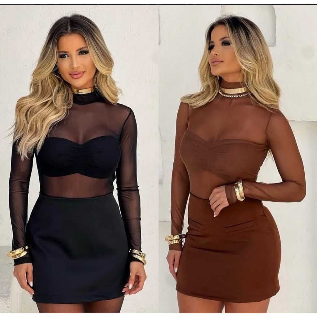 Kit Body Feminino Tule Transparente Segunda Pele Manga Longa Gola Alta