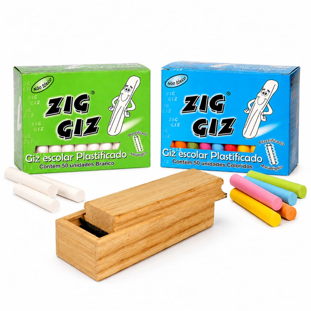 Kit Giz Escolar Branco e Colorido Plastificado 50 Unidades Apagador Lousa Quadro Negro Antialérgico Não Suja