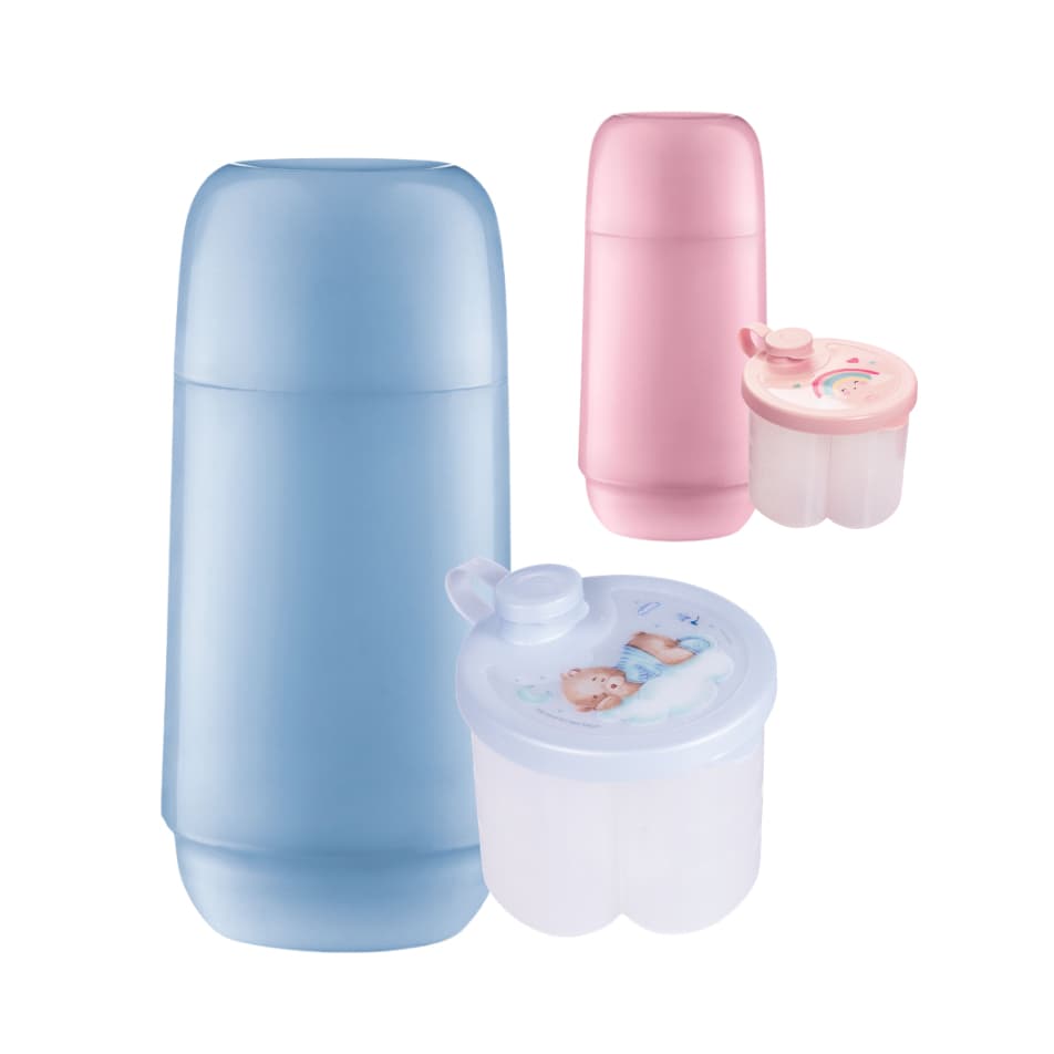 Conjunto Garrafa Térmica Infantil + Pote Dosador Com Divisórias Kit Passeio Sanremo