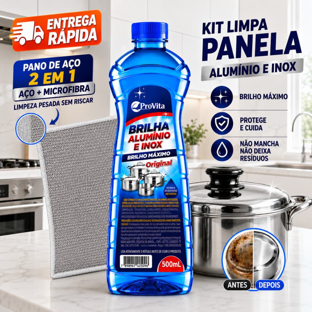 Kit Limpa Alumínio Inox 500ml + Pano Aço 2 em 1 Lava Louças Brilho Remove Gordura Manchas Crostas Panelas Limpeza Pesada