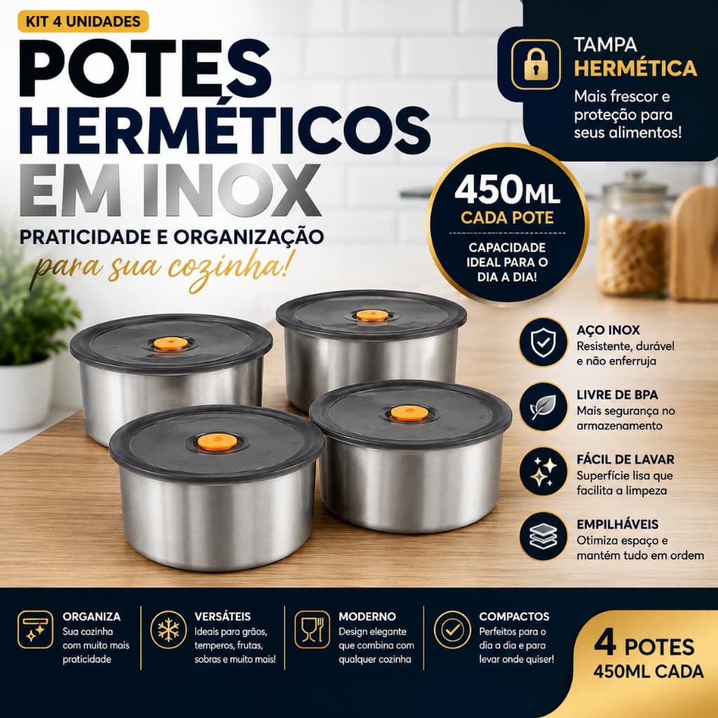 Kit 4 Potes Hermeticos Inox Redondos Capacidade 450ML Armazenamento Alimentos