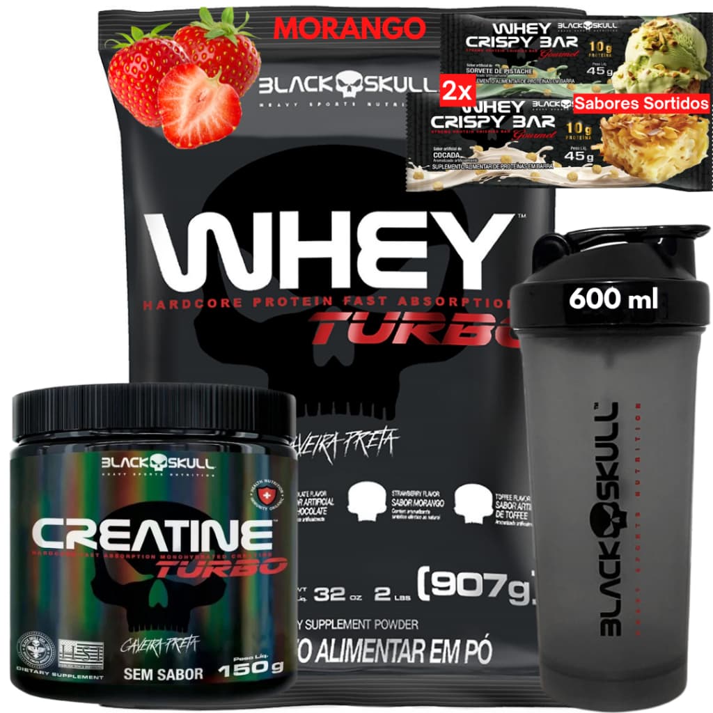 Kit Whey Protein Concentrado 907g + Creatina Turbo 150g + Coqueteleira + 2 barras (brinde) Black Skull