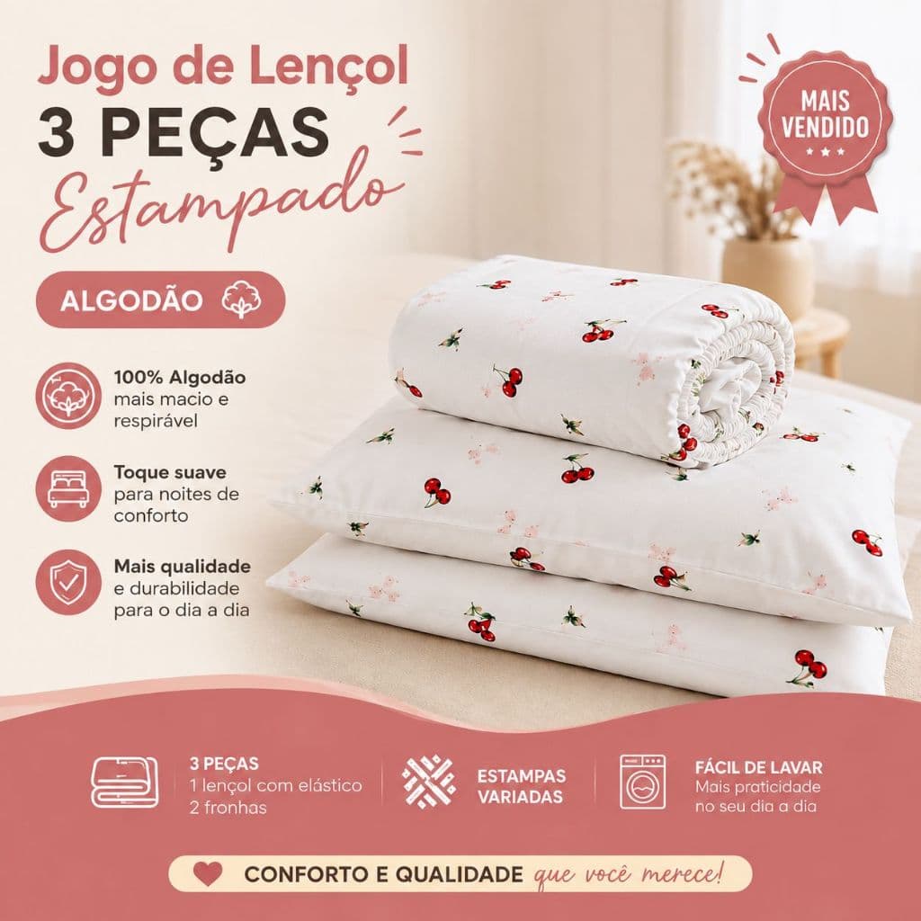 Jogo de Lençol 3 Peças Estampado 100% Algodão Maciez ao Toque