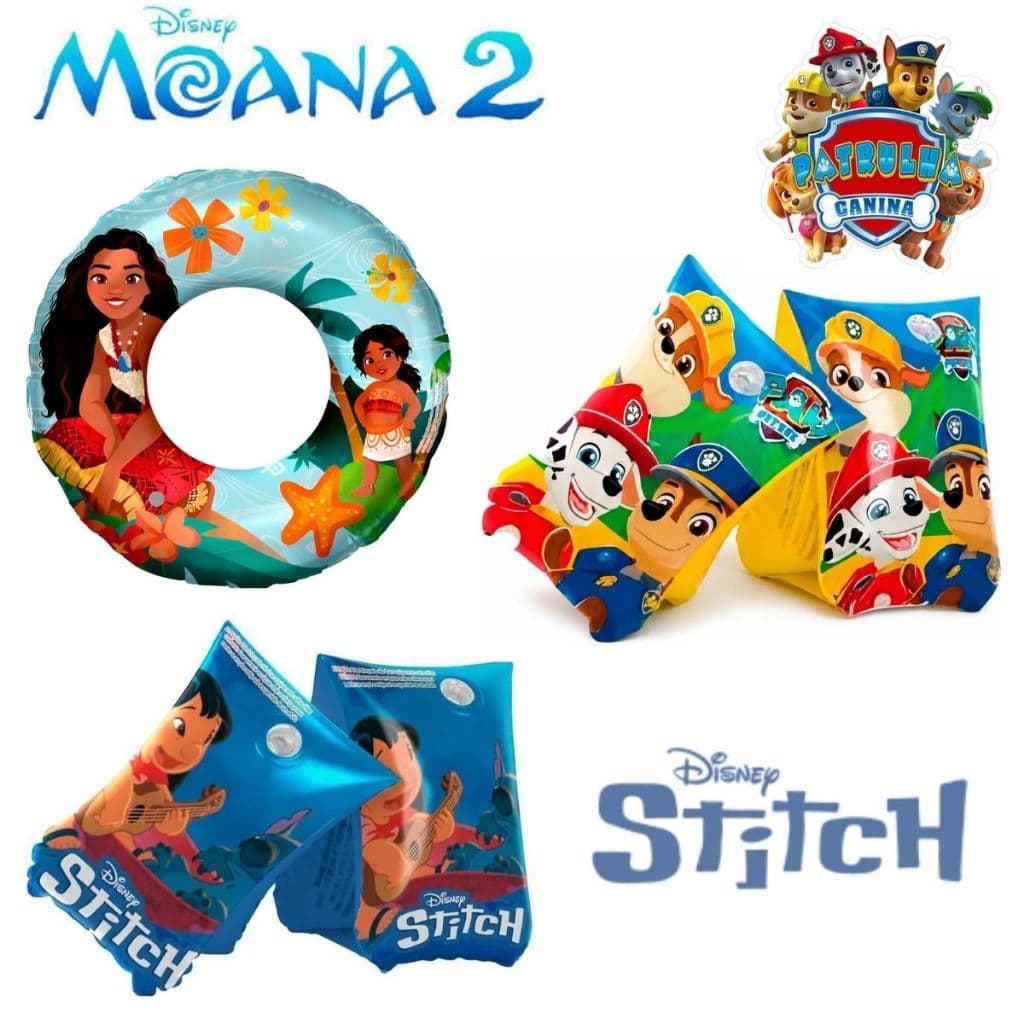 Boia Circular e Braço Infantil Inflável Bebê Stitch Moana 2 Patrulha Canina Férias Verão Diversão Disney Piscina Praia
