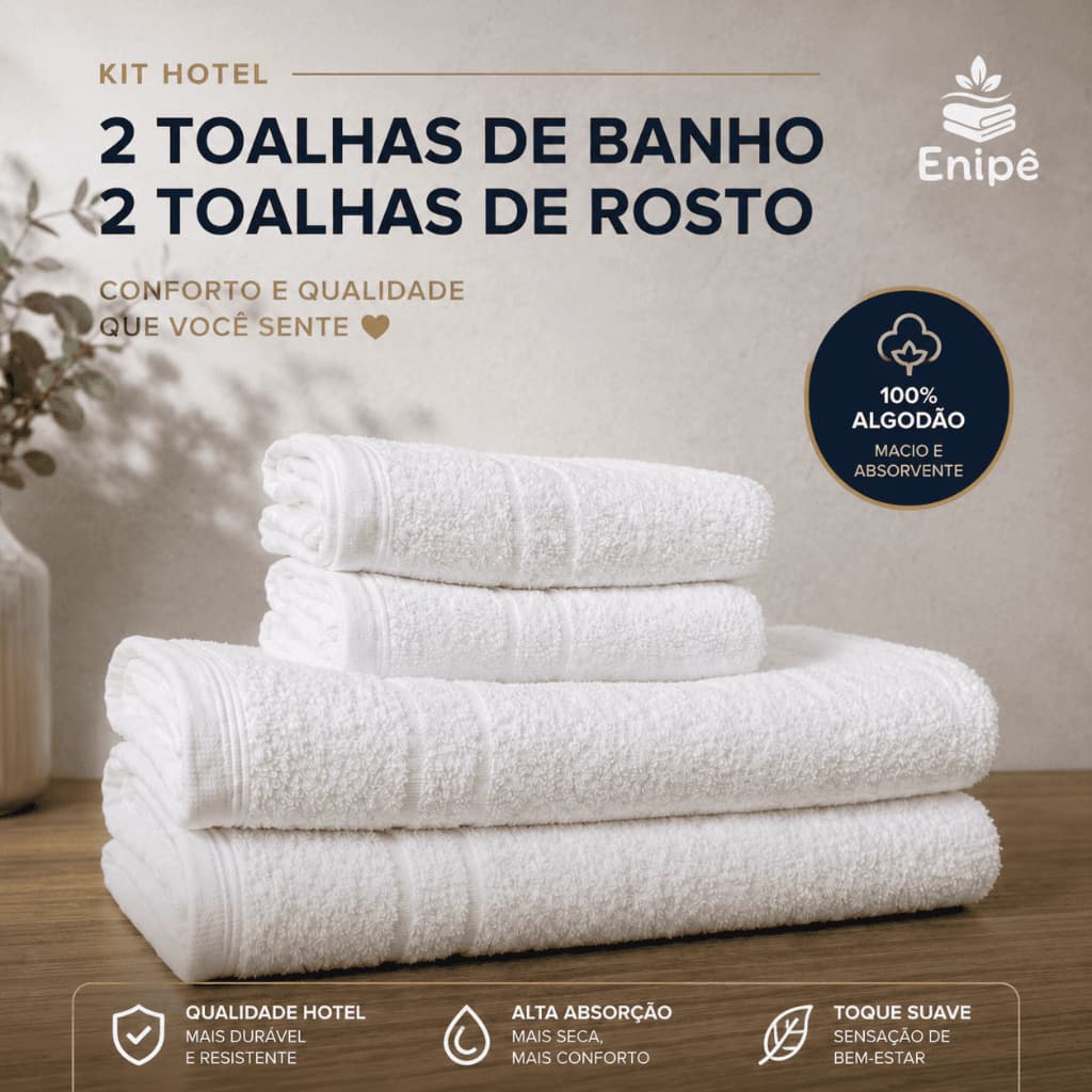 Jogo de Toalha Royale Hotel - 2 Toalhas de Banho + 2 Toalhas de Rosto 100% Algodão Alta Absorção