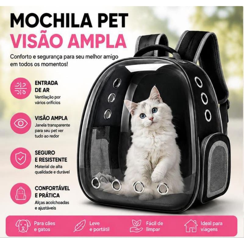 Mochila Pet Transporte para Cães e Gatos - Visão Ampla e Conforto
