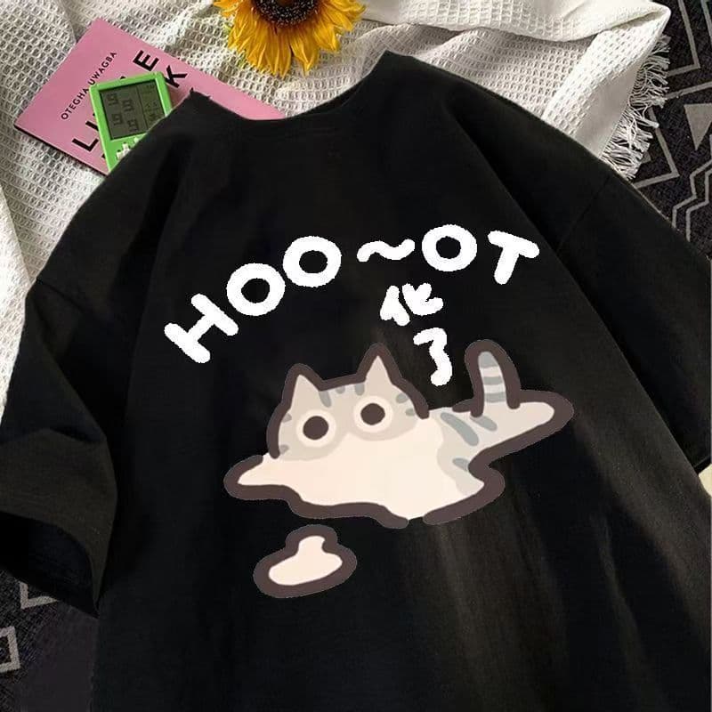 Camiseta Feminina Gato Derretido Desenho Fofo Preto Branco Oversized