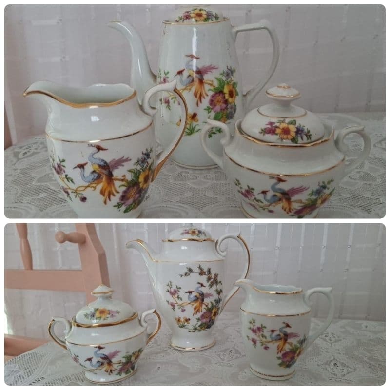 Raríssimo Trio De Café Porcelana Real Com Ave Do Paraíso Déc 50 - Bule De Café, Açucareiro, Leiteira/Cremeira
