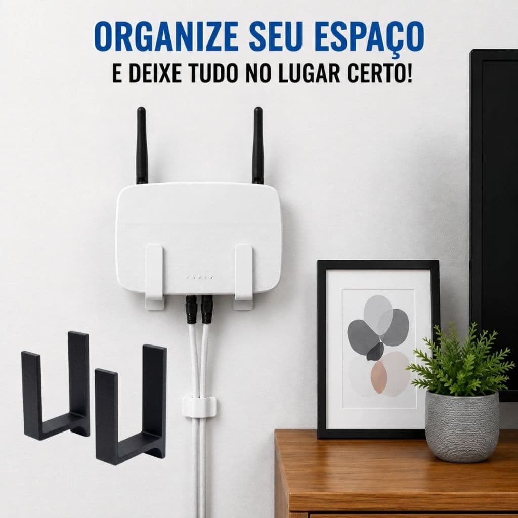2 Suporte Roteador Parede Sem Furo Fita Dupla Face Ultra Forte Organizador WiFi Universal Preto / Branco