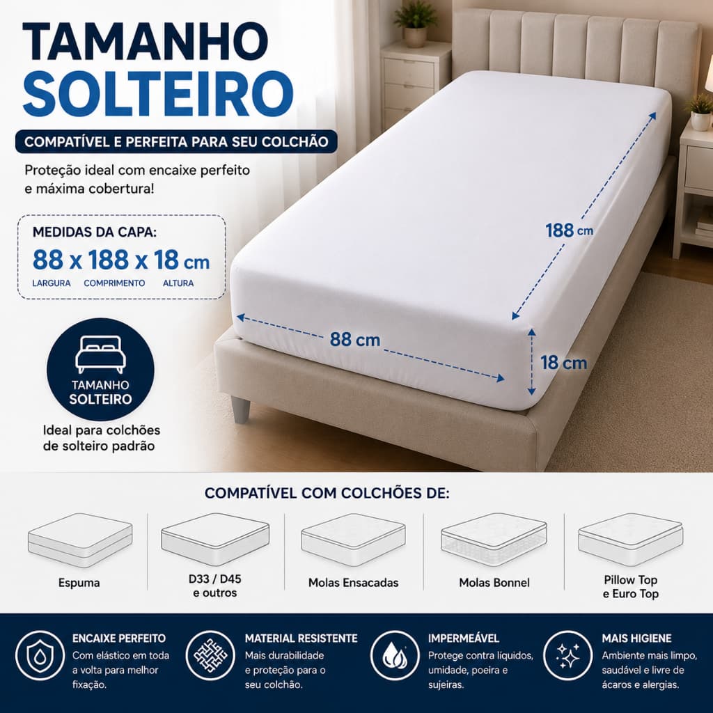 Capa Protetora Colchão Solteiro Impermeável com Elástico Branca 88x188cm