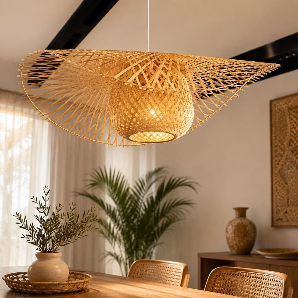 Pendente Chapéu Ondulado Bambu Natural Lustre Artesanal E27 Bivolt Boho Rústico Decorativo