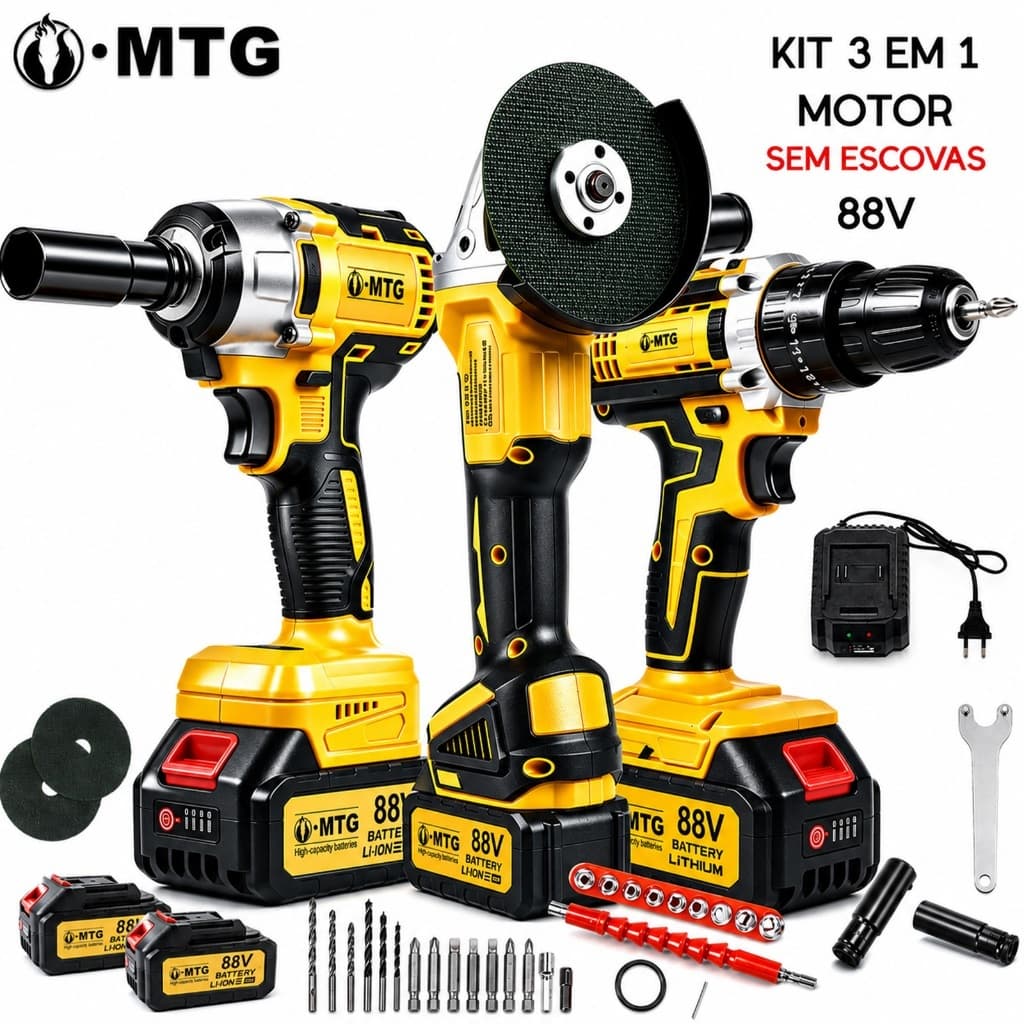 Kit MTG 3 em 1 Brushless 88V Furadeira, Chave de Impacto e Esmerilhadeira, 2 Baterias + Maleta