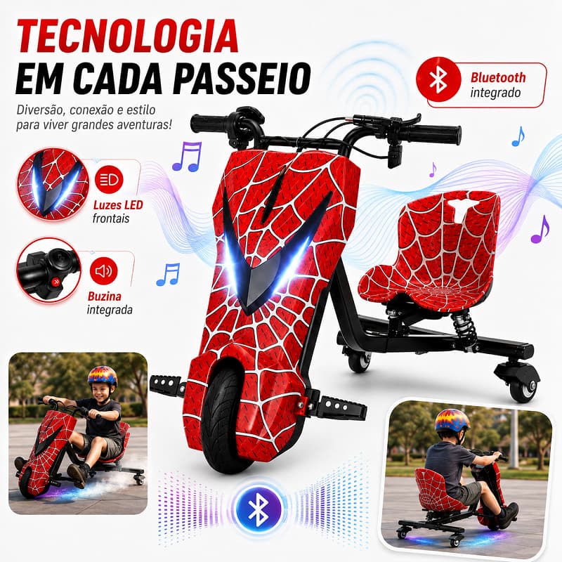 Triciclo Elétrico Drift Infantil 8" 350W 3 Velocidades Bluetooth LED Assento Amortecedor Mola