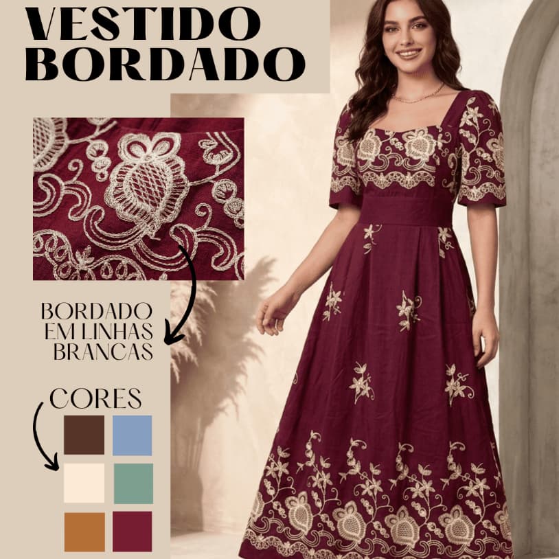 Vestido Longo Viscoamida Bordado Elegante Lastex Bojo E Manga Princesa Verão