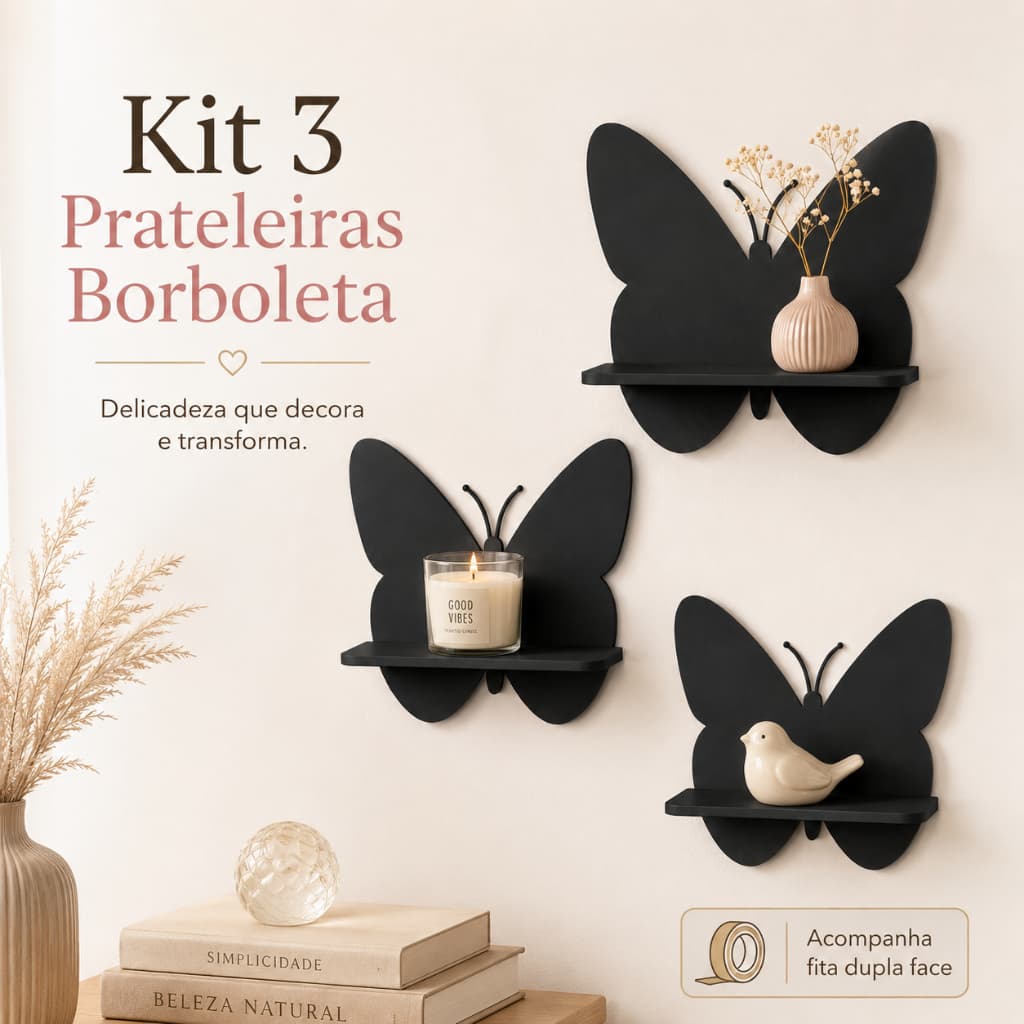 Kit 3 Nichos Prateleiras Borboleta Parede Decorativa 32cm com Fita Dupla Face