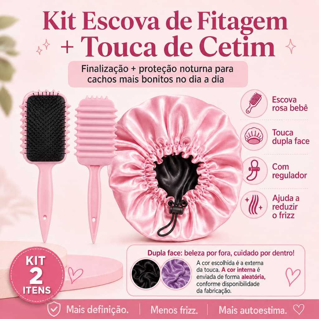 Kit Escova Onda Fitagem + Touca de Cetim Dupla Face Regulável