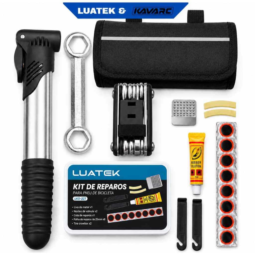Kit Ferramentas para Bicicleta Bike com Bomba de Ar, Reparo Remendo Pneu, Multiferramenta e Bolsa LUATEK