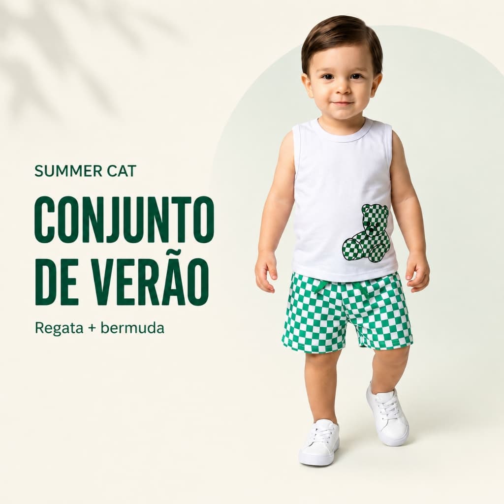 Conjunto Bebê Menino Verão Regata Estampa Ursinho e Bermuda Xadrez - 1 a 9 Meses