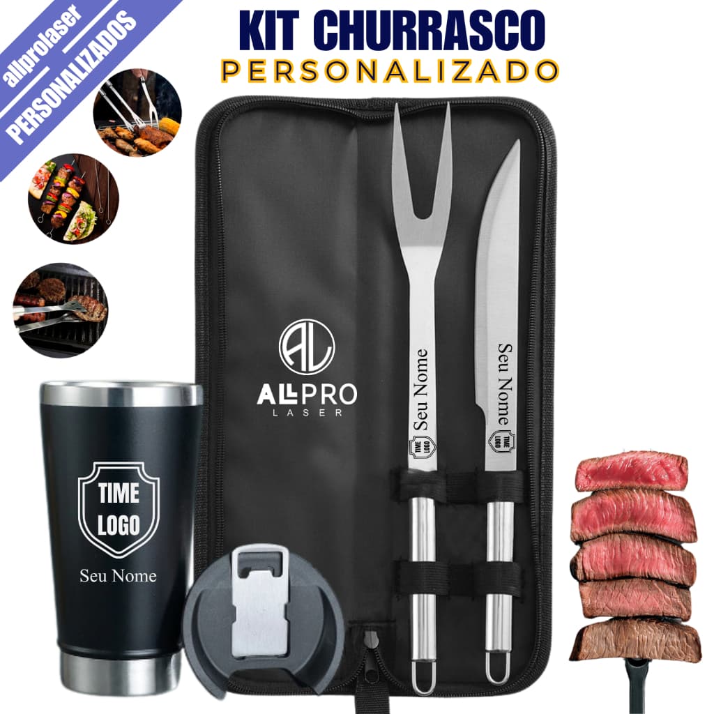 Kit Churrasco Inox 2 Peças Faca Garfo Estojo + Copo Personalizado Nome Time Logo