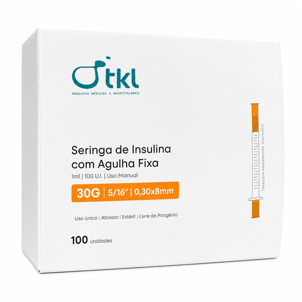 Seringa de Insulina Botox Vacina com Agulha Fixa 1ml 100ui 30G 5/16 0,30x8mm Estéril