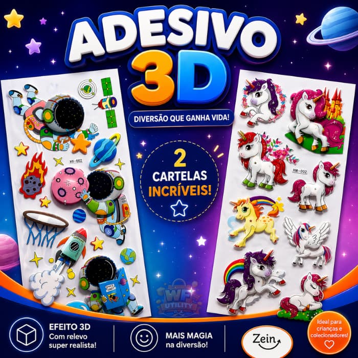 Adesivo Infantil 3D Decorativo Unicórnio Astronauta para Quarto Parede Decoração Infantil