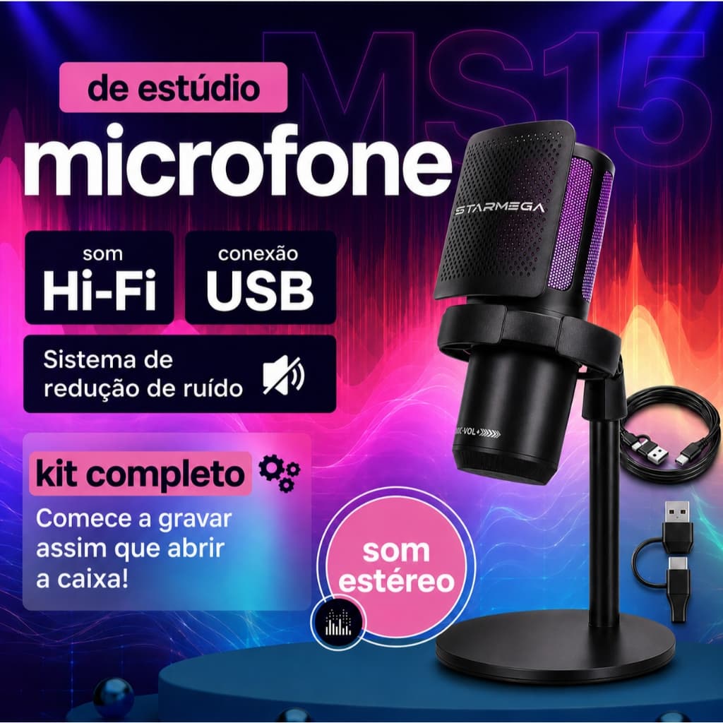 STARMEGA MS15 150db Microfone Gamer Condensador Podcast Alta Sensibilidade Rgb - Microfones e Gravadores
