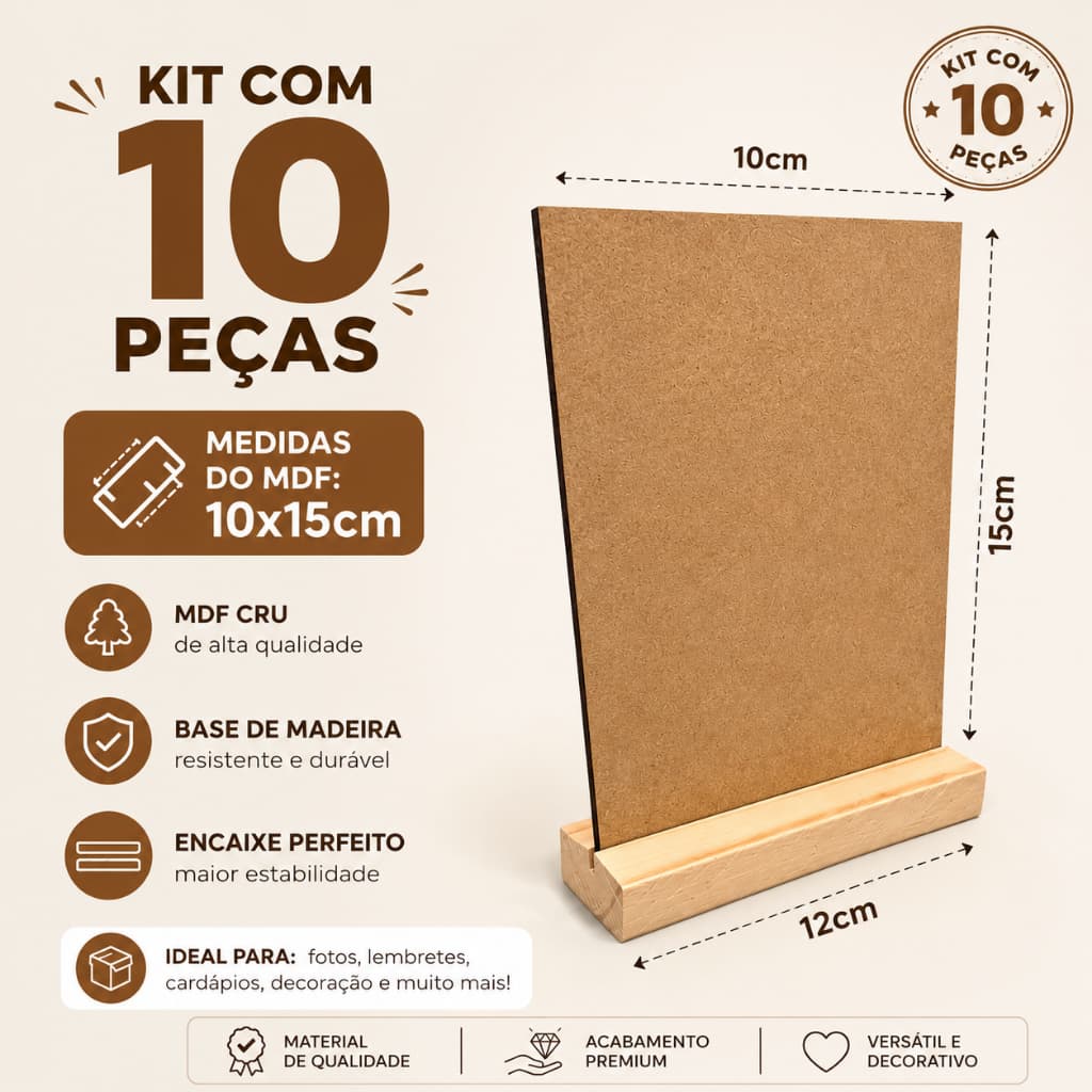 Kit 10 Placas de MDF 10x15 com Suporte de Madeira para Fotos Lembrancinhas Decoração