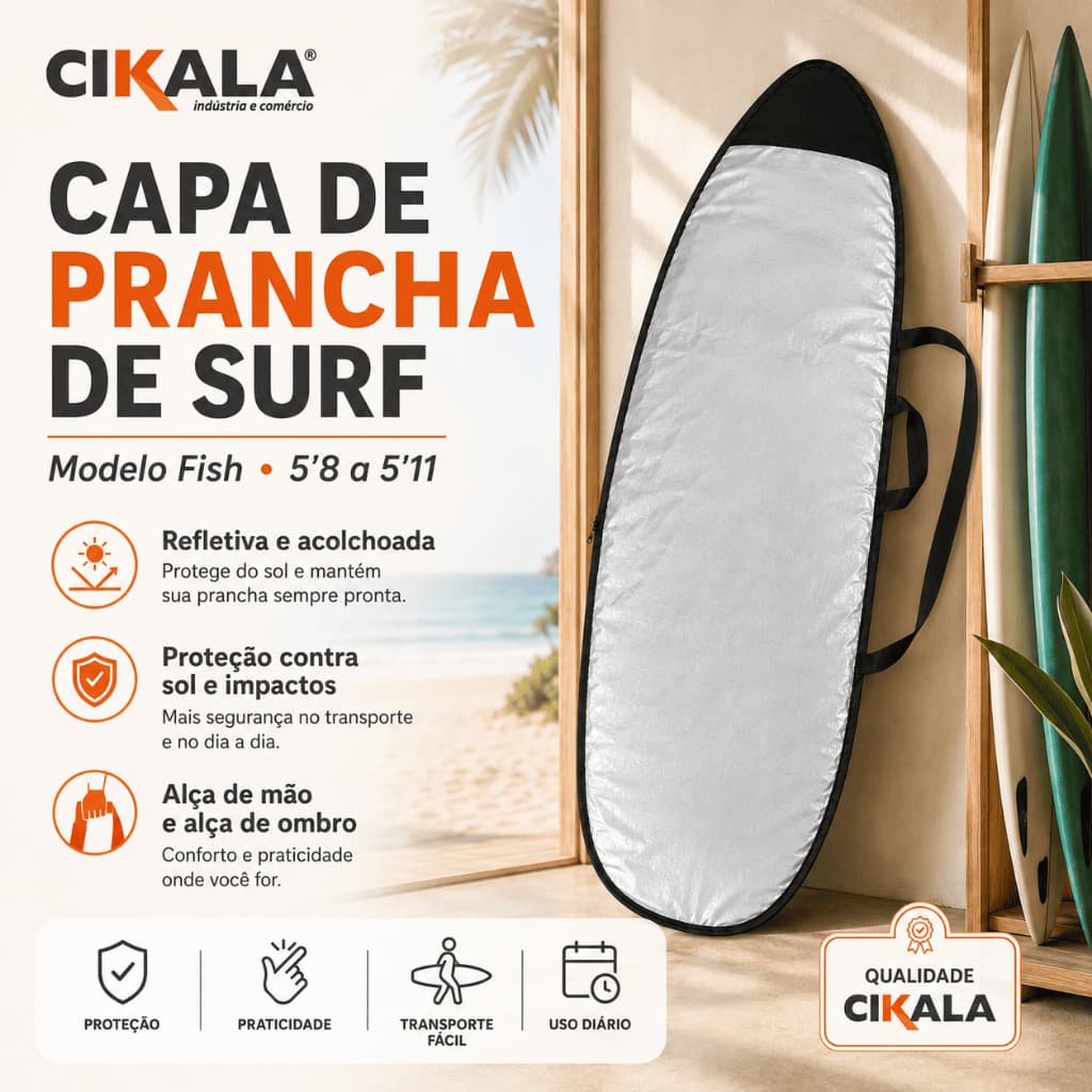 Capa de Surf para Prancha Fish 5'8 a 5'11 Reflexiva e Impermeável para Transporte e Armazenamento