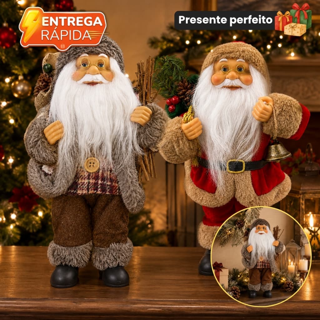 Papai Noel Decorativo Rústico 25cm Boneco Enfeite Natalino Segurando Lenha Óculos Presente Mesa Estante Sala Aparador