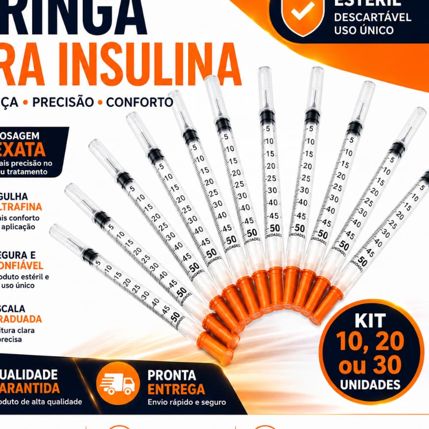 Seringa Insulina 1ml Fixa Fina Ultrafina 6x0,25mm Graduada Estéril Descartável
