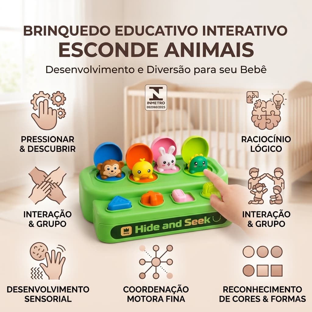 Brinquedo Educativo Esconde Animais Pelucia Infantil Desenvolvimento Sensorial Interativo