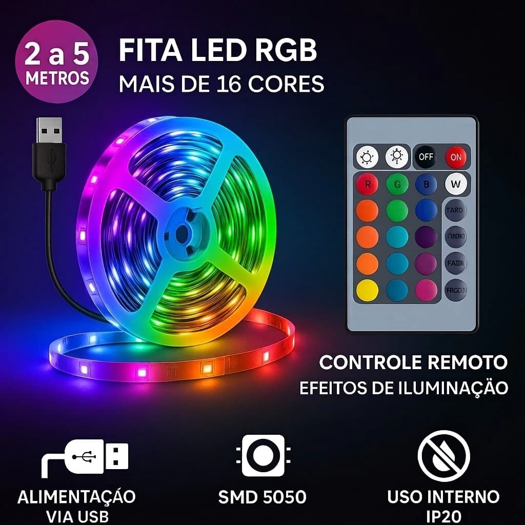 Fita Led 5050 Rgb Controle Remoto 2 Metros,3 metros ou 5 metros com controle 5v Usb Tv Pc Carro